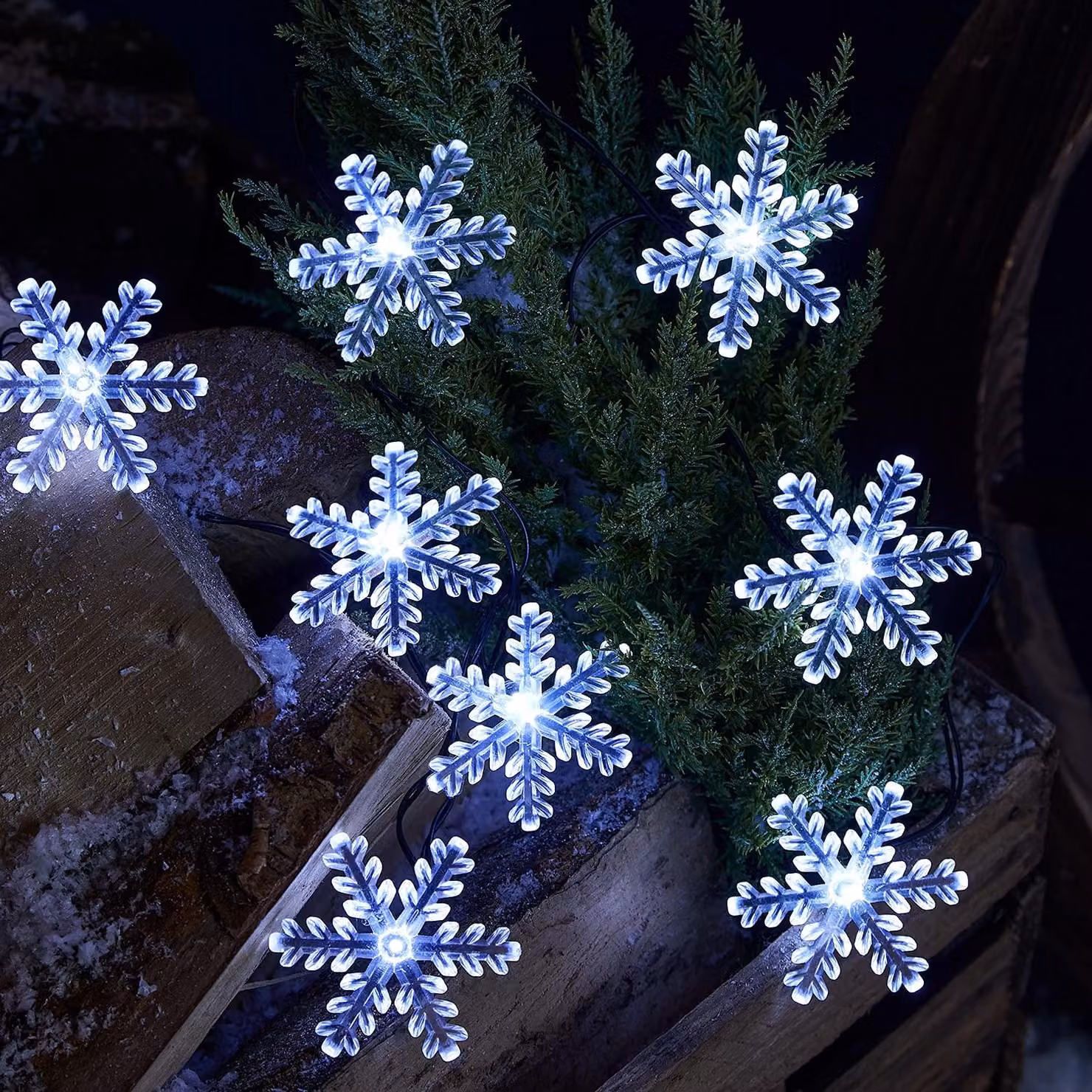 Catena luminosa a forma di fiocchi di neve, 20 LED bianchi, timer, 3,8 metri, grado di protezione IP44