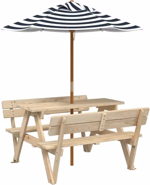 Tavolo da Picnic per 4 Bambini con Ombrellone in Legno di Abete, Design Rustico, Blu e Bianco, L: 108 cm, P: 54 cm, H: 80 cm