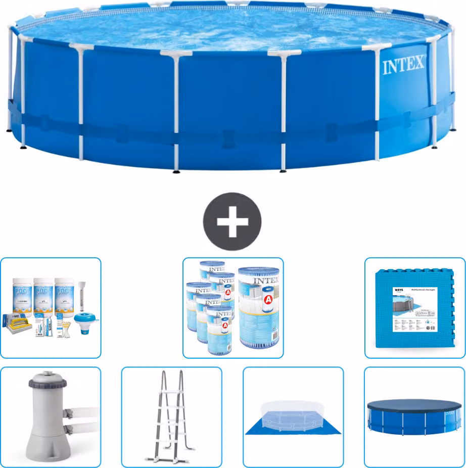 Piscina Intex con struttura rotonda - 457 x 122 cm - blu - compresa pompa - scala - telo di fondo - confezione di manutenzione della copertura - filtro - piastrelle per il pavimento