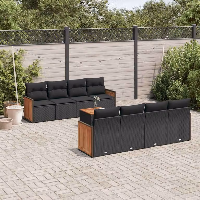 Set di divani da giardino vidaXL in polyrattan nero con cuscini e tavolino da esterno