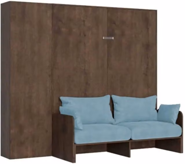 Letto matrimoniale a scomparsa Kentaro con divano e colonna, colore azzurro e noce, L/P/H: 160 x 190 cm