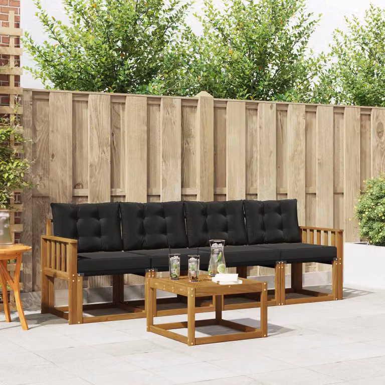 Set di divani da esterno vidaXL 5 pezzi in legno di acacia e textilene, colore marrone e nero, con cuscini inclusi e tavolino da giardino