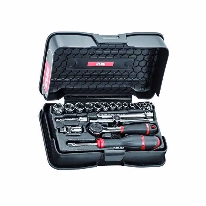 Usag 606 Assortimento di chiavi a bussola esagonali da 19 pezzi con cricchetto e cassetta in plastica nera, attacco 1/4'' e bussole da 4-14 mm – 2
