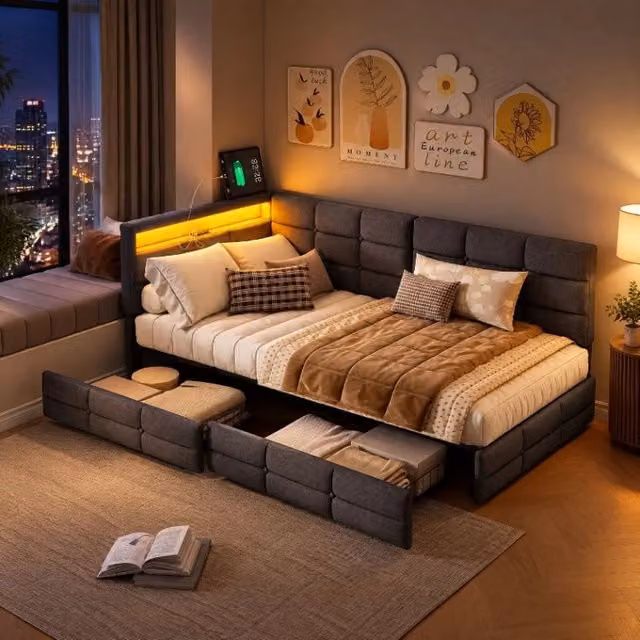 Divano letto multifunzionale 90x200 cm; letto imbottito a L con LED e USB; Letto Singolo con Rete a doghe e Testiera con Contenitore; Lino Grigio