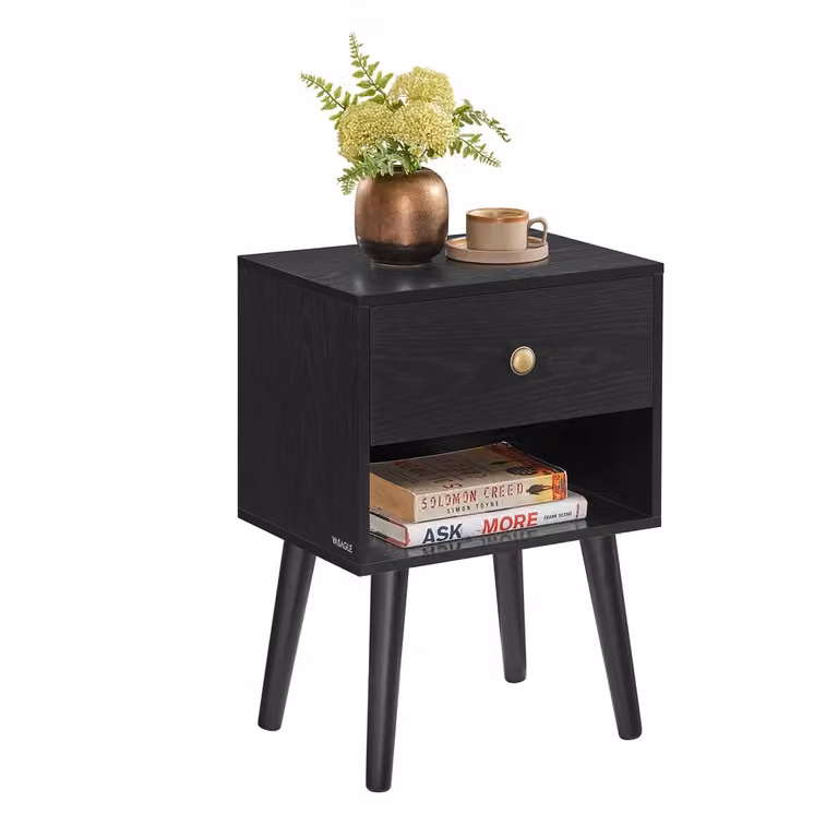 Comodino con Cassetto e Scomparto Aperto Portaoggetti Gambe in Legno, Nero Ebano / Set di 1