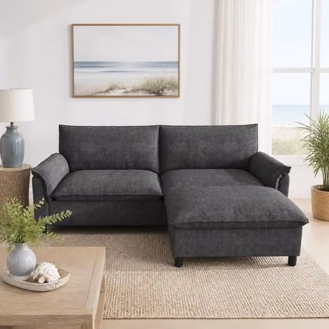 Divano Angolare Modulare REDOM con Poggiapiedi, Funzione Letto, Colore Nero, L/P/H: 216 x 82 x 77 cm