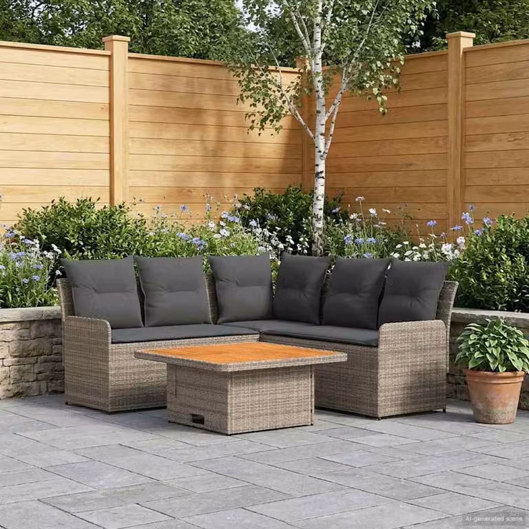 Set di mobili da giardino vidaXL in rattan con divano angolare, tavolino e cuscini, colore grigio e antracite