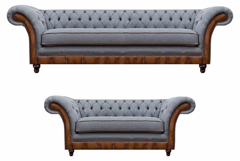 Chesterfield Hellgrau-Braune Sitzmöbel Designer Dreisitzer 2-Sitzer 2tlg