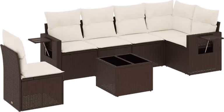 Set Divani da Giardino 7 pz con Cuscini Marrone in Polyrattan