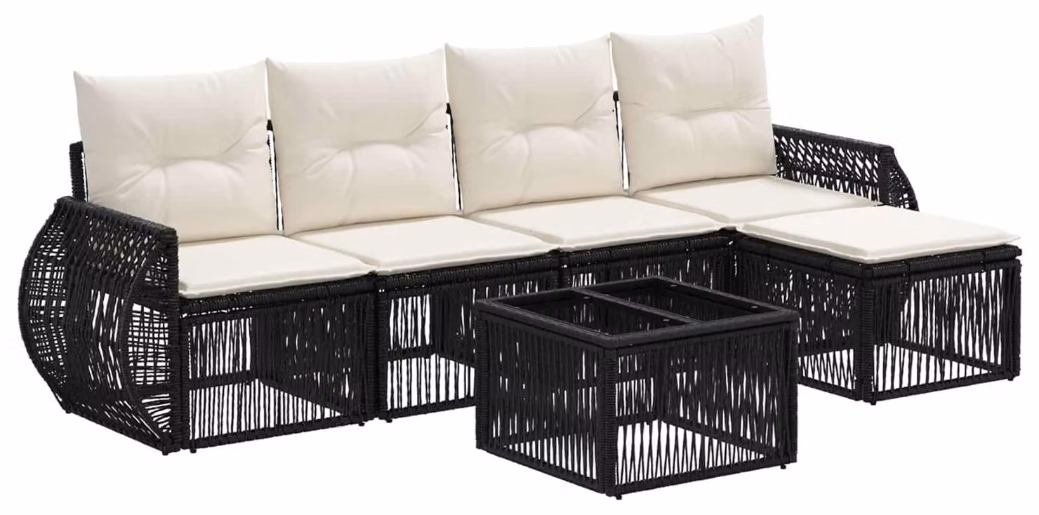 Set Divano da Giardino 6 pcs Nero e Bianco Crema polyrattan