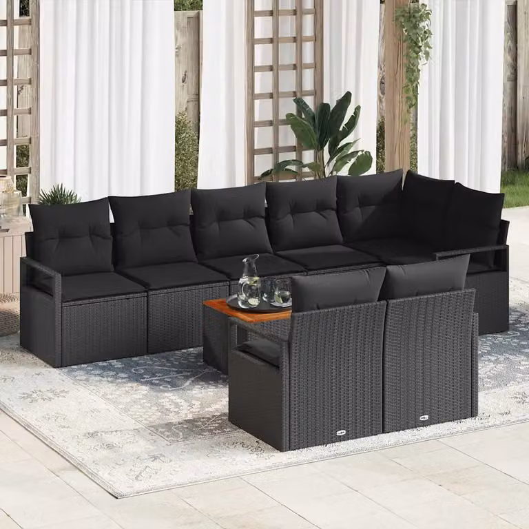 Set Divano da Giardino vidaXL 9 Pezzi Nero con Cuscini e Tavolino da Esterno in Polyrattan e Acciaio