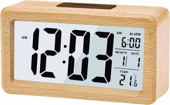 Orologio da comodino digitale in legno con ampio display LCD retroilluminato - Indicatore di temperatura - Modalità sleep - Sensore di luminosità - Legno - Richiede 3 batterie AAA