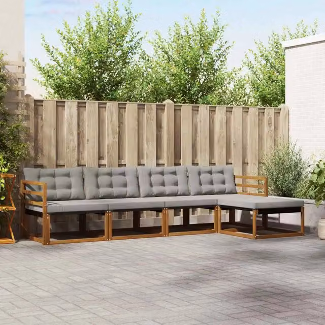 Set di divani da esterno a forma di L vidaXL in legno di acacia con cuscini beige e grigi