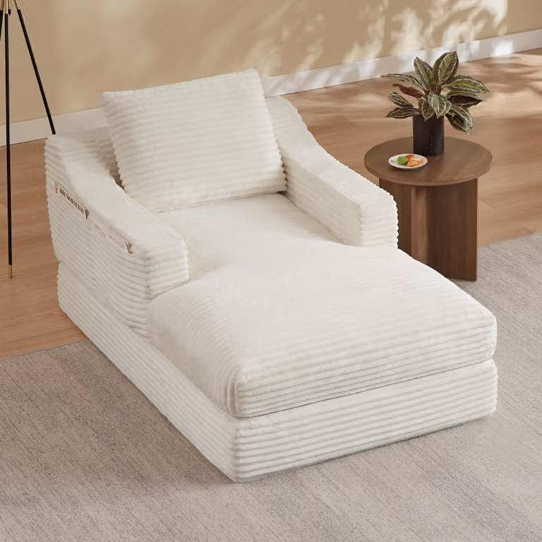 Poltrona relax MODFU con design a doppio strato, chaise longue con cuscino di seduta, poltrona con tasche portaoggetti laterali, velluto a coste, bianco