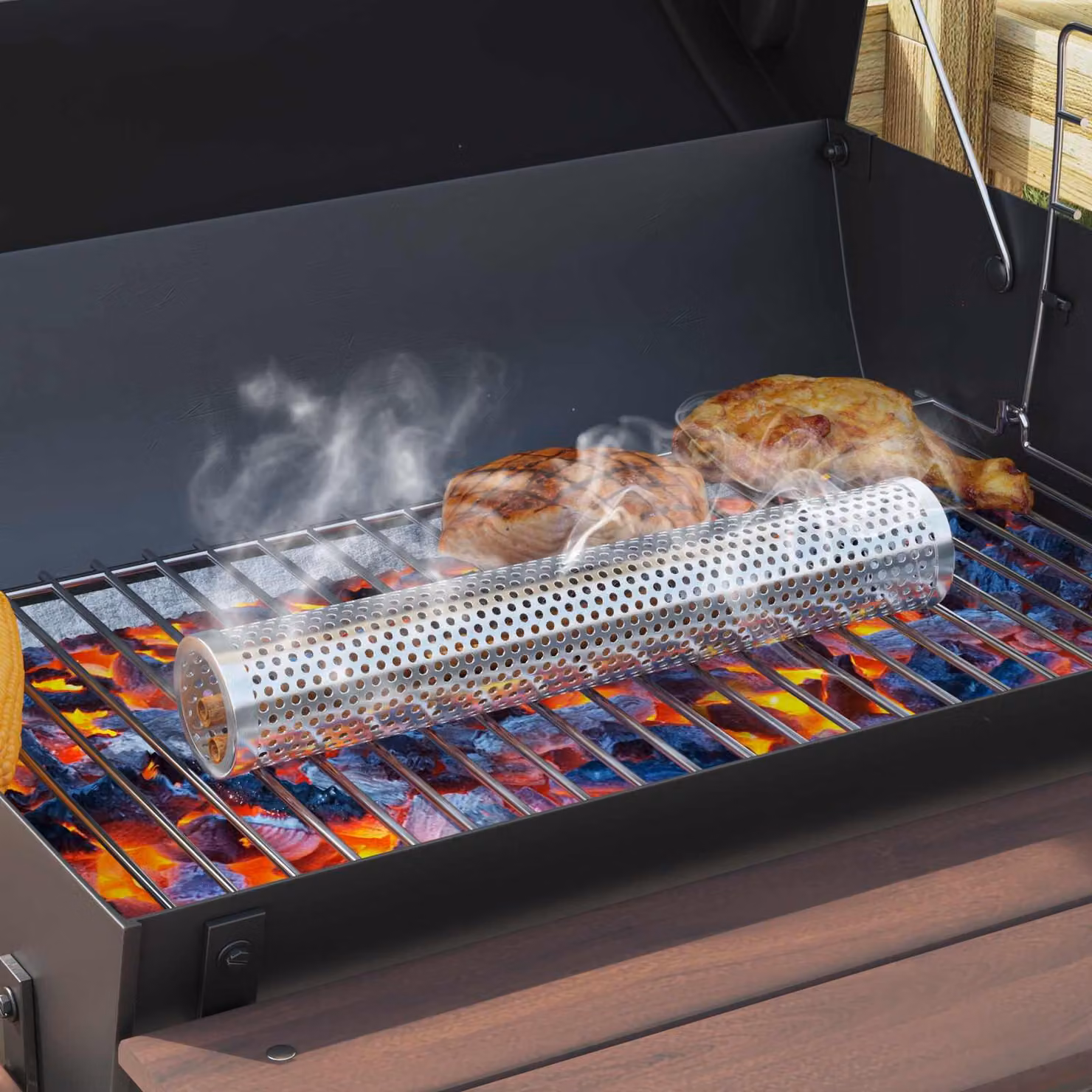 Griglia a barile con ruote e ripiani vidaXL in metallo e acciaio inox, Nero, L 115 x P 85 x H 95 cm