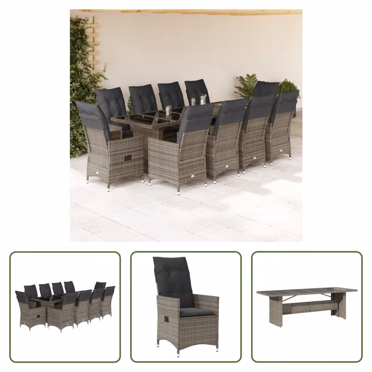 The Living Store Set bistrot da giardino 11 pezzi con cuscini in poly rattan grigio