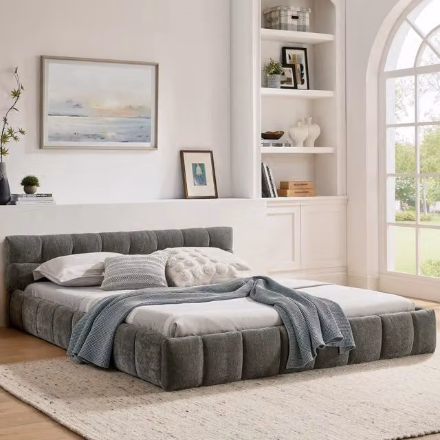 Letto matrimoniale 160 × 200 cm in ciniglia grigio scuro con struttura in eucalipto e ferro, senza materasso