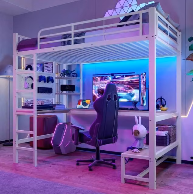 Letto a soppalco ULEVR 90x200 cm con scrivania, LED, prese USB e Type-C, ripiani, bianco