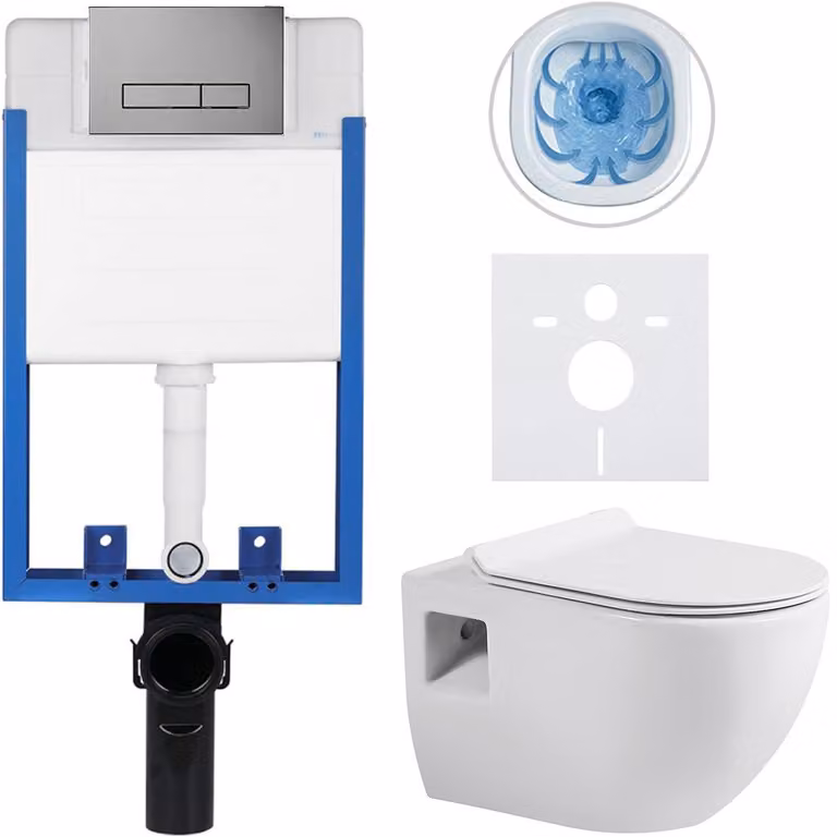 Set completo per WC da incasso, modello Lite/Dure, colore bianco lucido. Include pulsante per WC modello Slim, colore grigio scuro, da incasso. Dimensioni: 51x35 cm