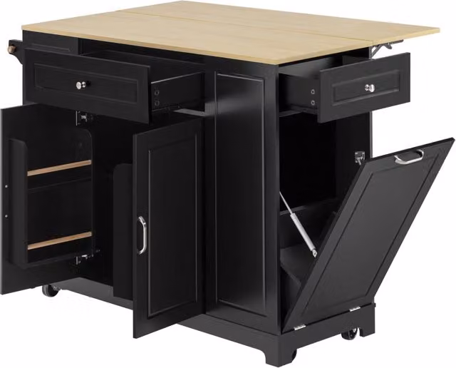 Carrello da cucina mobile moderno con cassetti e vano aperto, dotato di prese AC, USB e USB-C, disponibile in nero o marrone, L: 131.8 cm, P: 40-70 cm, H: 93.3 cm
