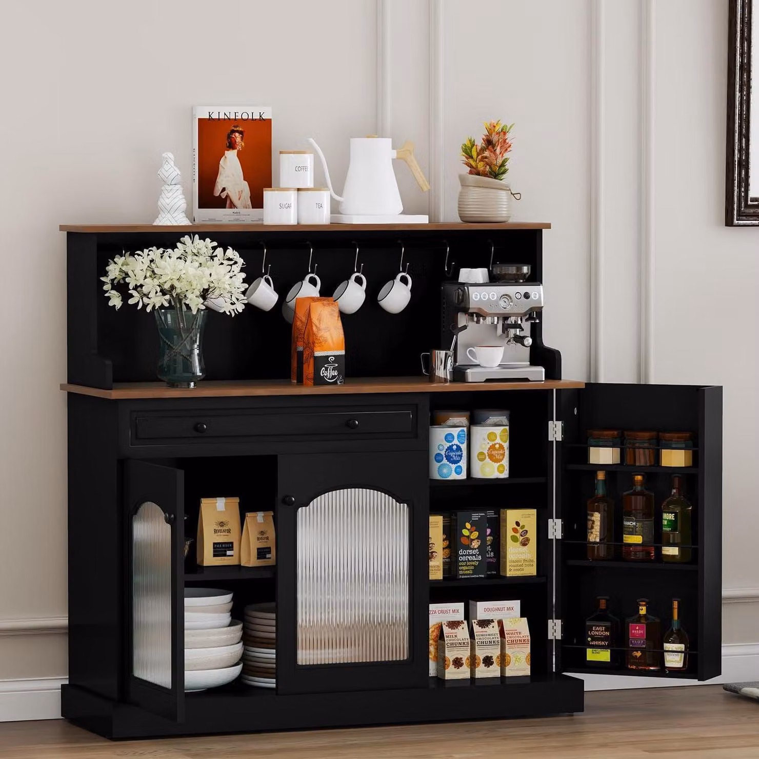 Mobile da cucina con piano di lavoro, mobiletto buffet nero, mobiletto per vini con cassetto e ripiano superiore, dimensioni 120x120x40 cm