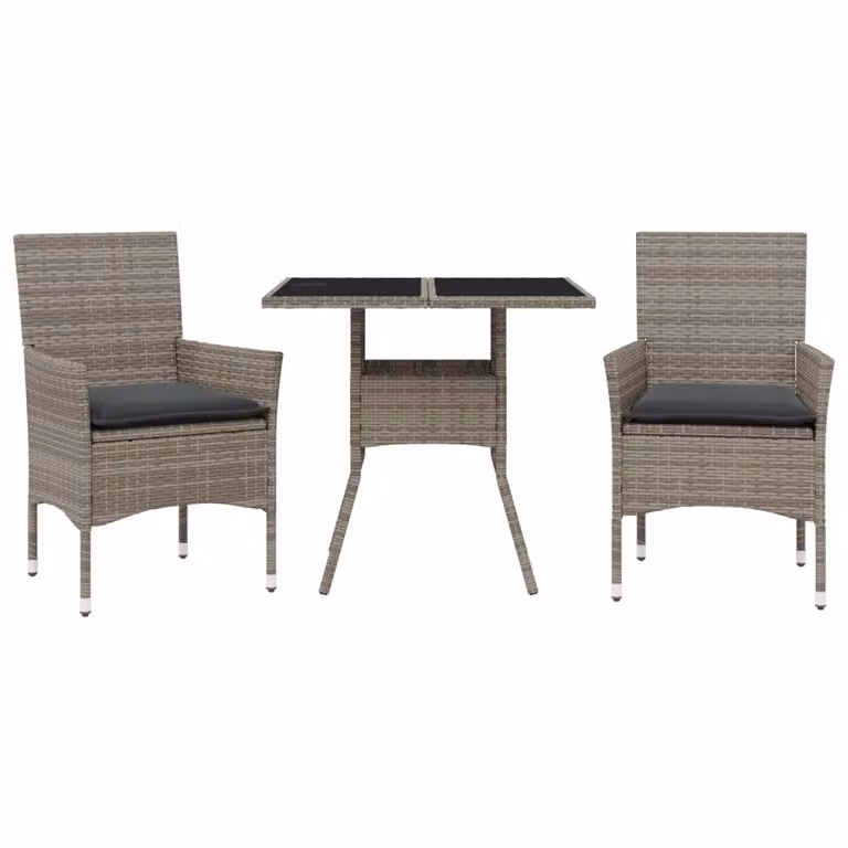 Set da Pranzo da Giardino 3pz con Cuscini in Polyrattan e Vetro