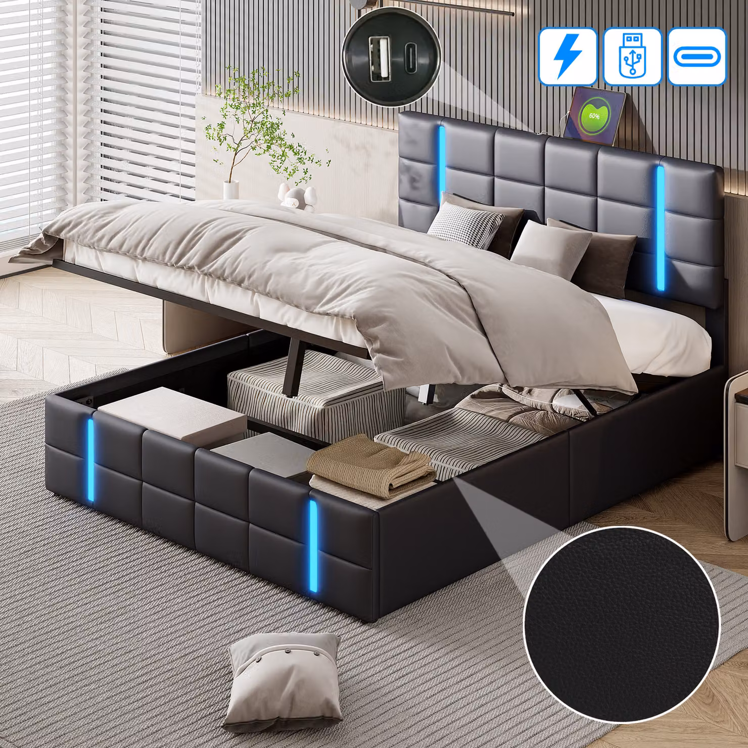 Letto imbottito UnboxG 160x200cm con funzione di ricarica (USB&Typ-c), letto giovanile letto matrimoniale letto contenitore con LED, letto a molle idrauliche,Poliuretanonero