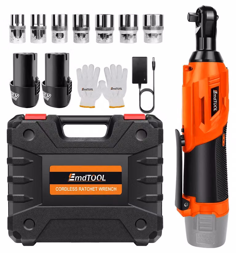 Chiave a cric elettrica - Cric angolare a batteria - 21 V - 200 Nm - Motore brushless - Faretto LED integrato - 7 inserti - 2 batterie