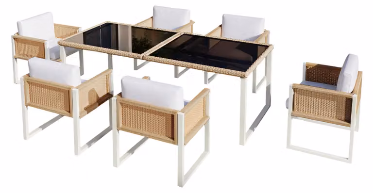 Set da pranzo in polyrattan, mobili da giardino, set da pranzo da giardino per 6 persone con poltrone, rivestimenti in tessuto sfoderabili e lavabili