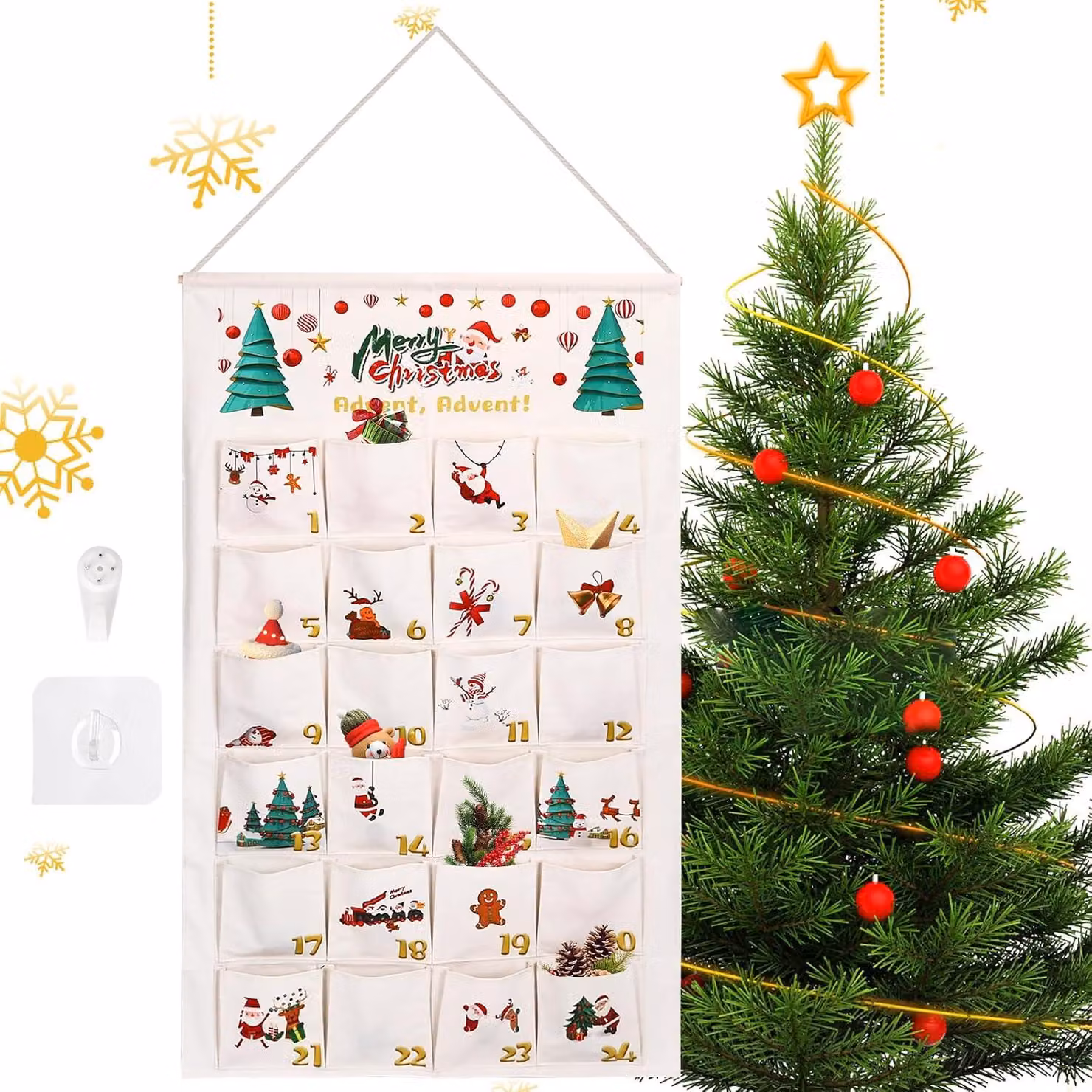 Calendario dell'Avvento in tessuto – Da riempire – Calendario da parete con 24 scomparti per creare decorazioni natalizie – Riutilizzabile – Personalizzabile e adattabile