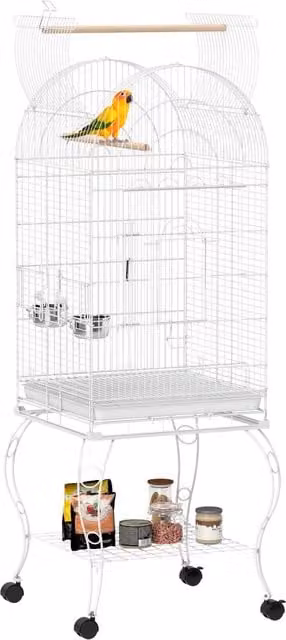 Gabbia per uccelli XYLO con ruote e ripiano, colore bianco, H 153 x L 51 x P 51 cm