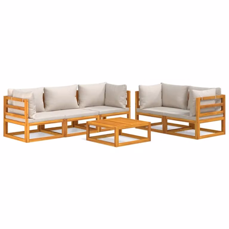 Set Salotto Giardino 6pz Cuscini Grigio Chiaro Legno Massello