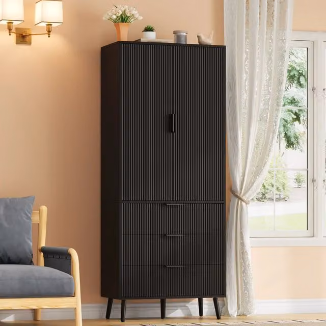 Mobile colonna da cucina con 2 ante; 3 cassetti e ripiani regolabili in MDF nero 75 × 35 × 180 cm