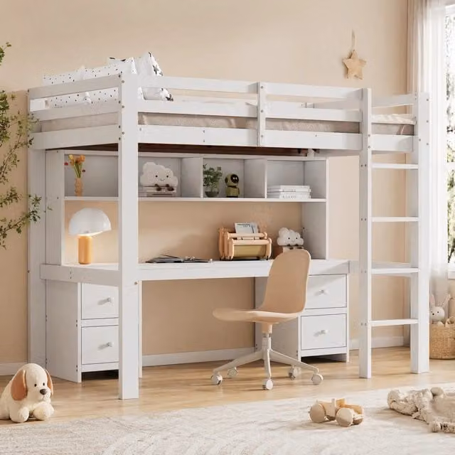 Letto a soppalco 90x200 cm con scrivania e cassetti