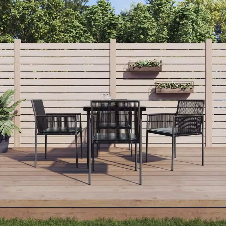 Set da pranzo da giardino vidaXL in polyrattan e acciaio nero con cuscini e piano in vetro, 5 pezzi