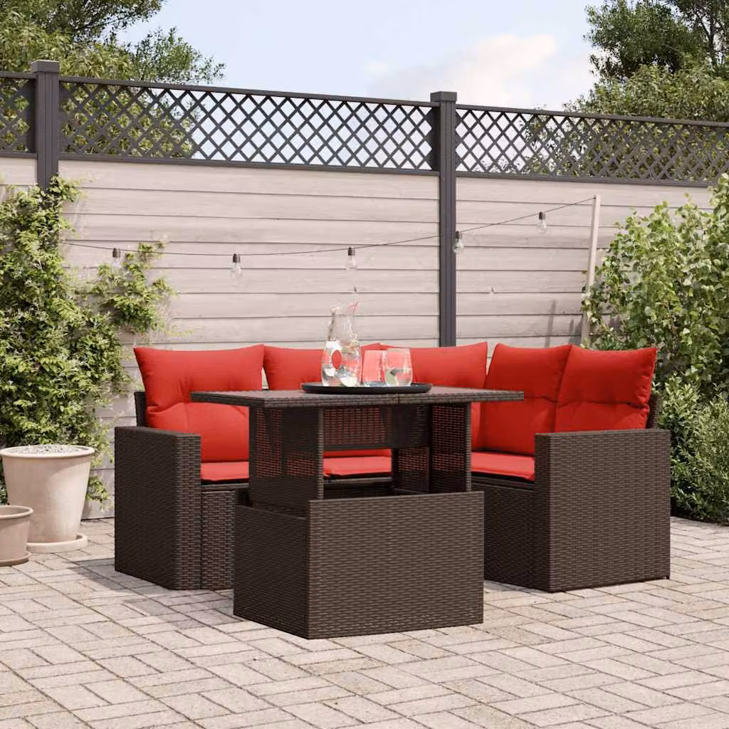 Set da giardino vidaXL in polyrattan marrone composto da 5 pezzi con cuscini inclusi e tavolino da caffè