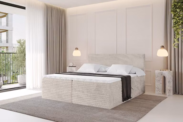 Letto boxspring ALTDECOR - TOLO-v1 160x200 in velluto a coste - Crema - Set completo con materasso a molle Bonell e topper, letto imbottito con materasso H3 e cassetti, rete a doghe, letto con contenitore, letto matrimoniale, letto a cassettone