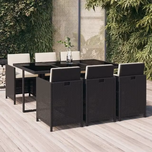 Set da Pranzo da Giardino 7 pz Nero con Cuscini in Polyrattan 3095530