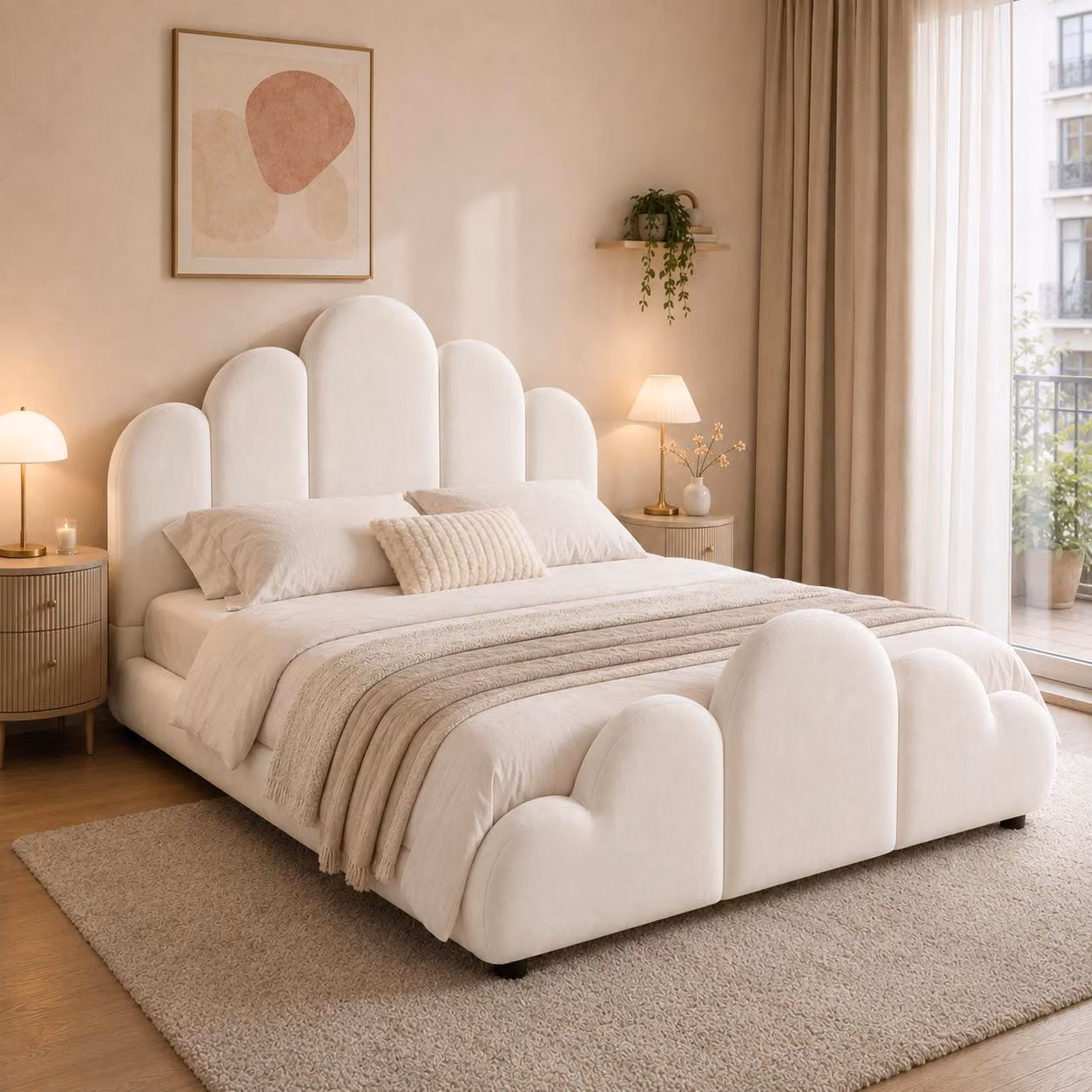 Letto imbottito Flieks, 140x200 cm, con testiera imbottita, letto per ragazzi/bambini con rete a doghe, letto matrimoniale in legno con rivestimento in velluto, color beige