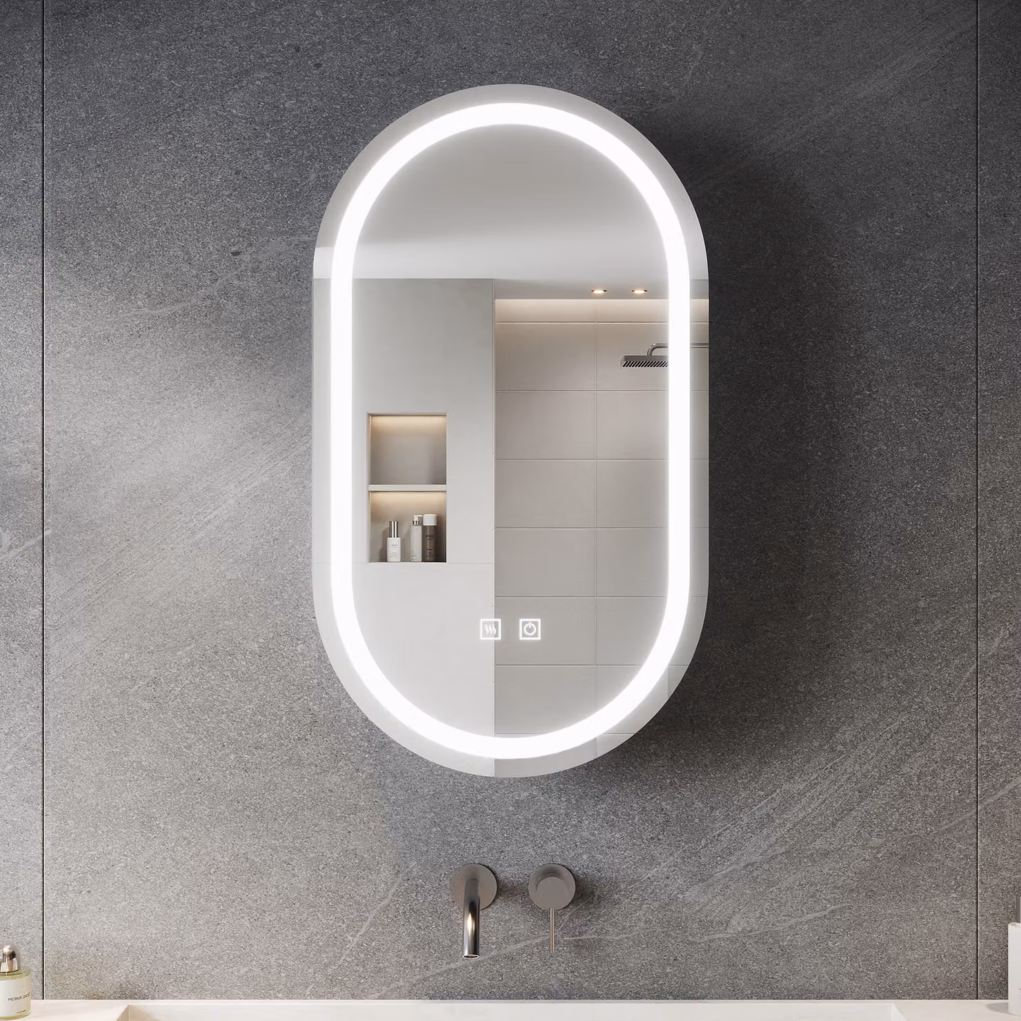 SONNI Armadio a specchio ovale 40x70x14cm con doppio interruttore a sfioramento Luce e buio regolabili Tre temperature di colore con funzione antiappannamento