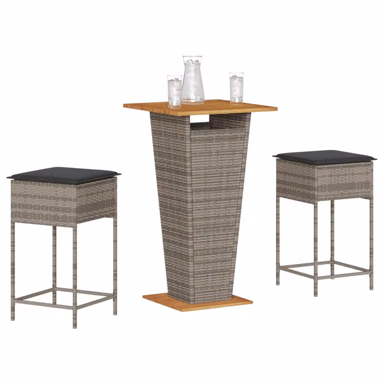 Set Bar da Giardino vidaXL in Polyrattan e Legno di Acacia con Cuscini Grigio, 3 Pezzi