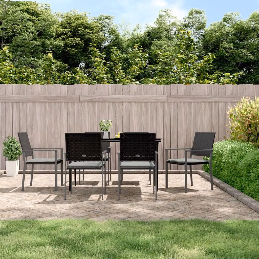 Set di 6 sedie da giardino vidaXL in polyrattan con cuscini, colore nero e grigio, L/P/H: 54 x 62,5 x 89 cm