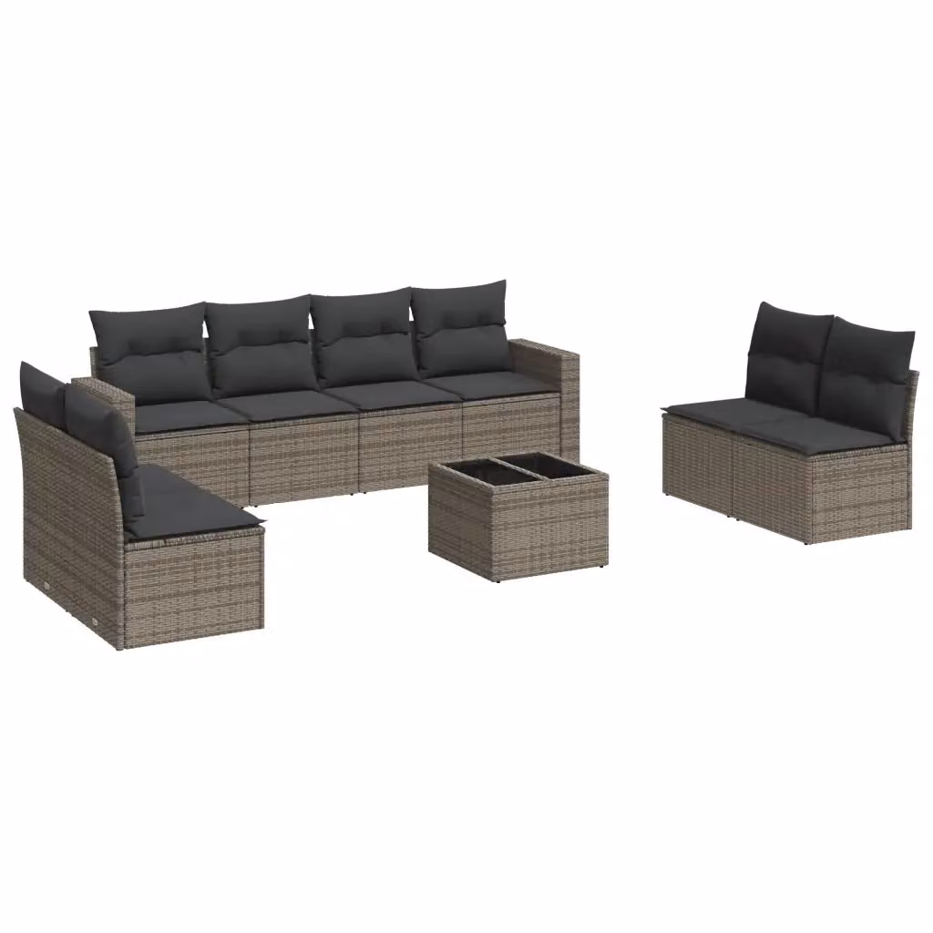 vidaXL Set Divano da Giardino 9 pz a forma di U in Polyrattan Grigio con Cuscini e Tavolino da Caffè – 2