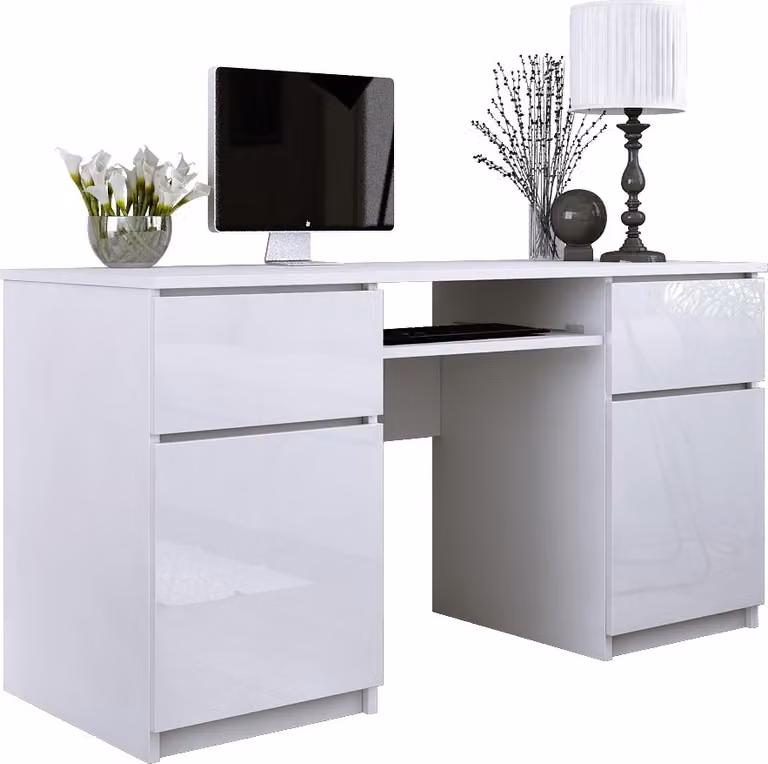 Scrivania: 2 cassetti, bianco opaco / bianco lucido, 135 x 77 x 50 cm