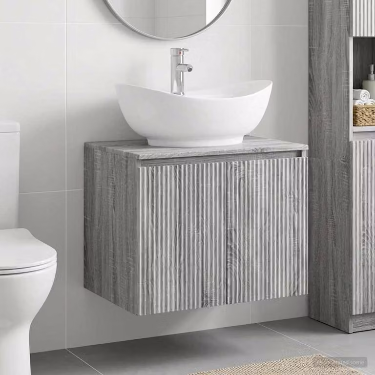 Set di mobili per il bagno moderno vidaXL in legno ingegnerizzato grigio opaco con vanità a parete