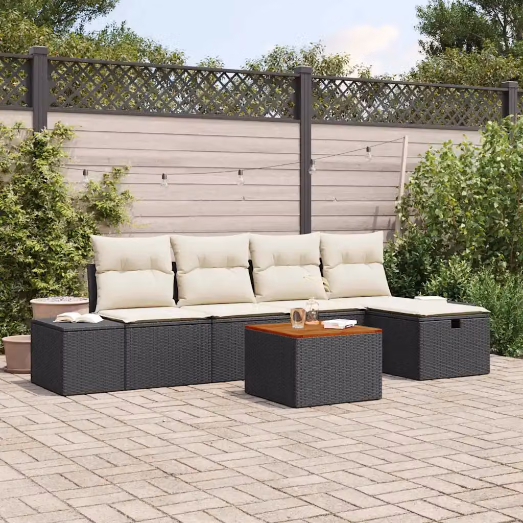 Set Divano da Giardino a L vidaXL in Polyrattan Nero con Cuscini e Tavolino da 6 Pezzi – 1