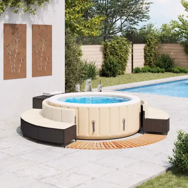 Bordo per Spa Nero in Polyrattan e Legno Massello di Acacia 3270643