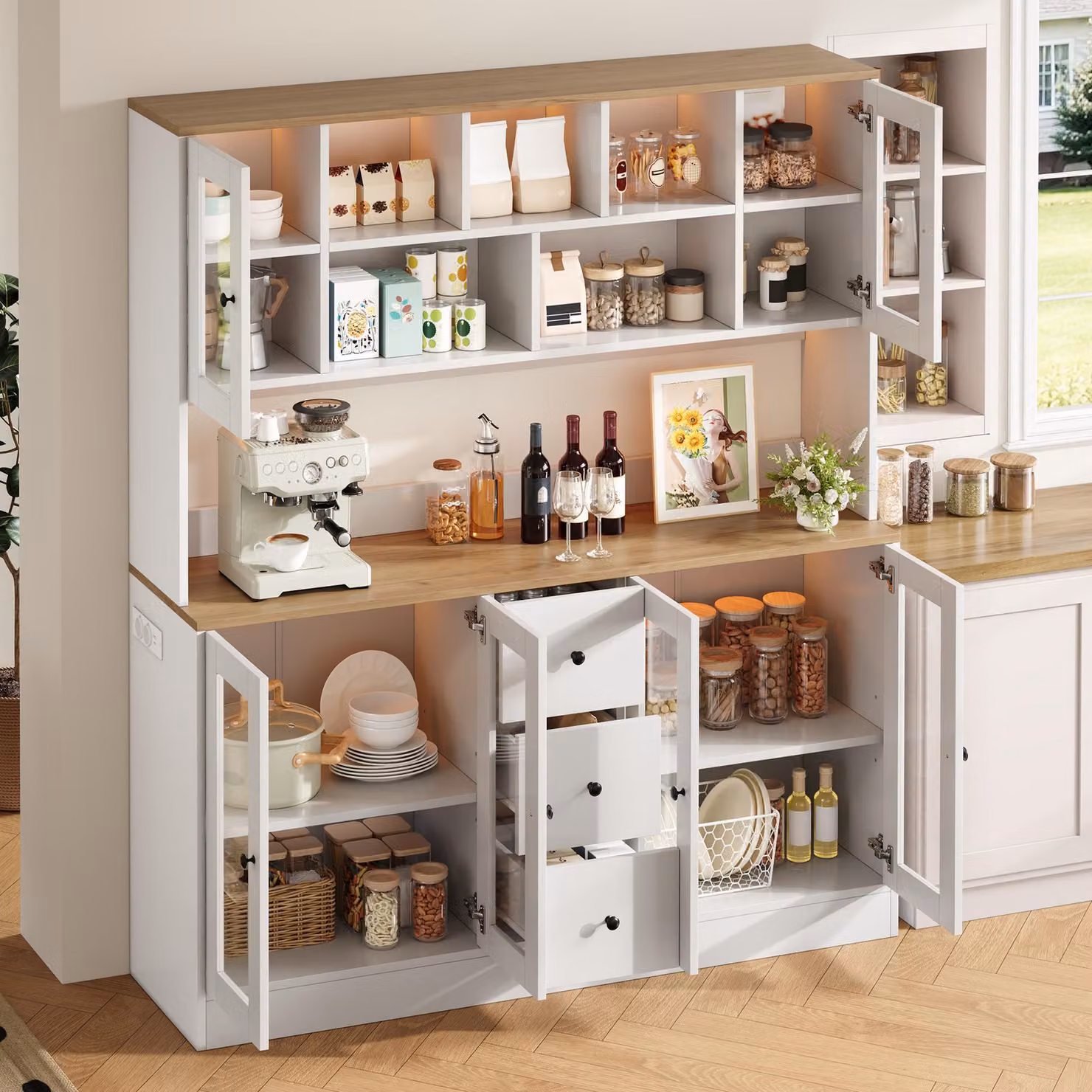MODFU, mobiletto buffet alto, 150x40x173 cm, armadio per cucina con 3 cassetti e 6 ante in acrilico, dispensa per cucina con illuminazione a LED e prese di corrente, colore bianco