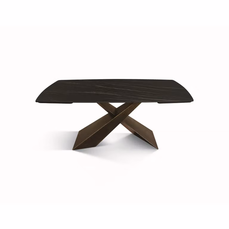 Tavolo FIGARI in vetroceramica matt golden nero con gambe a X in metallo bronzo, allungabile 160×90 cm – 240×90 cm