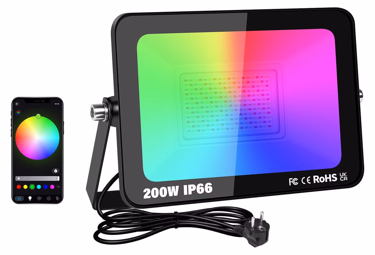 Faretto LED RGB da 200W, controllo tramite app, grado di protezione IP66, 16 milioni di colori
